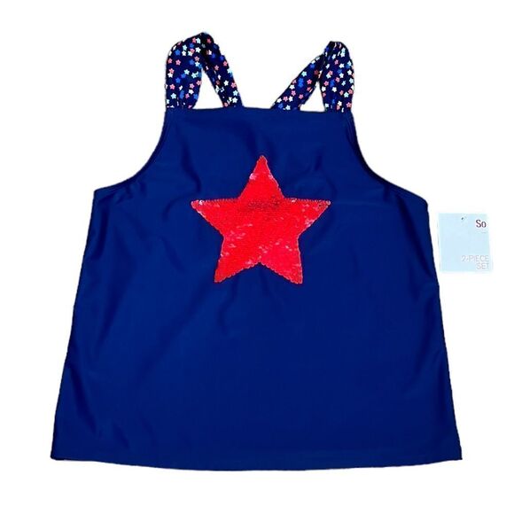 SO Girls Red, White, And Blue Tankini Swim Top, Size 16, NWT - Picture 1 of 5